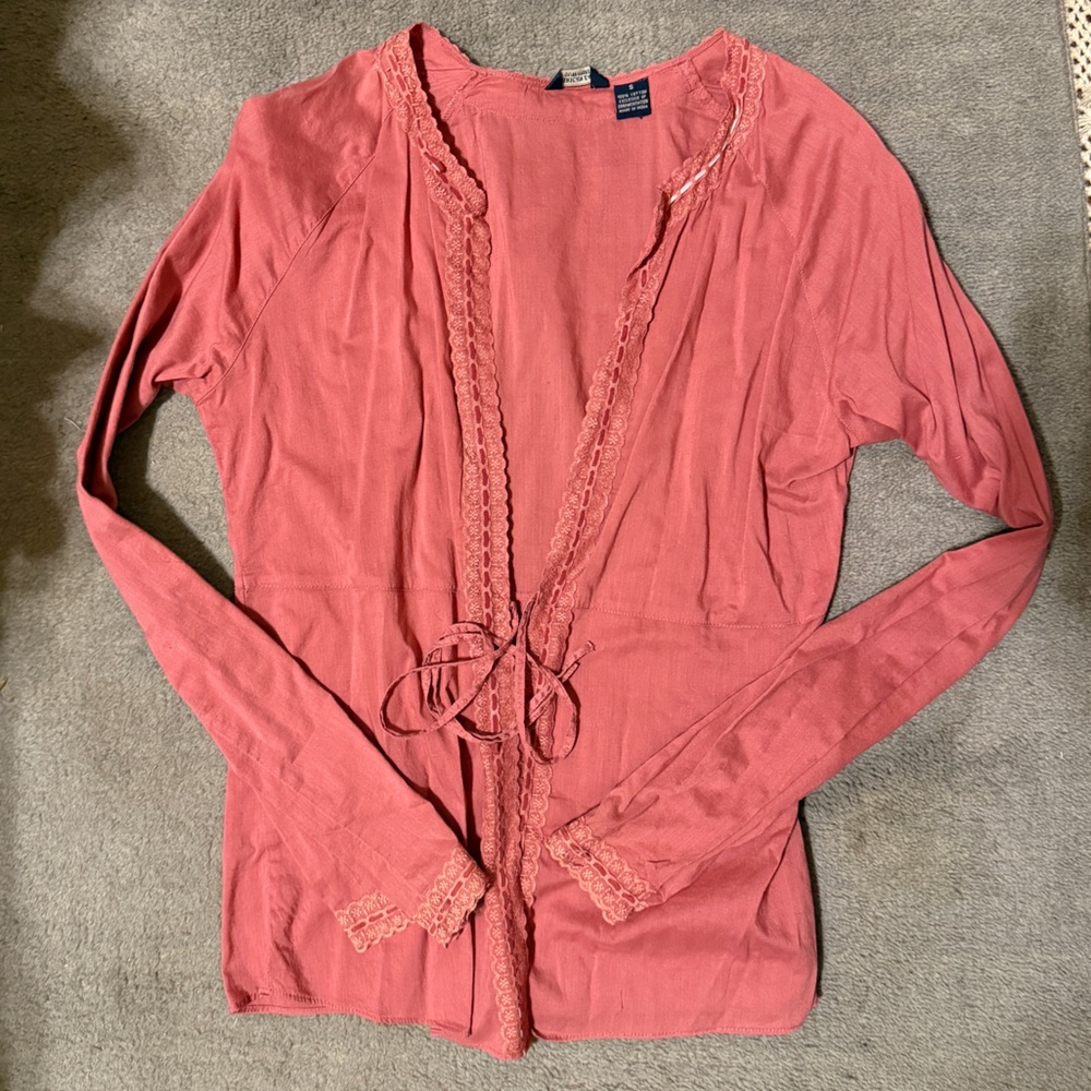 American Eagle Coral Tie Front Lace Trim Blouse Size Small